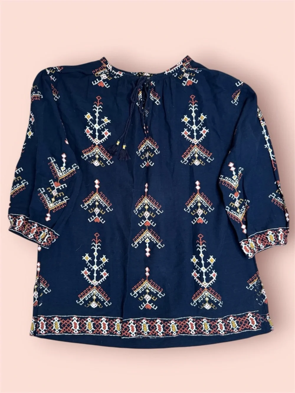 Madewell Marta Folkstitch Popover Top Navy Tassels Boho 3/4 Sleeve est sz L - Picture 1 of 8